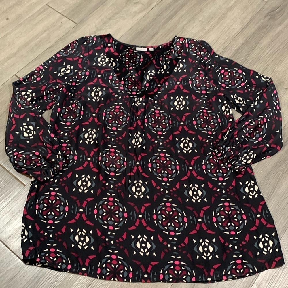 Semantiks Pink, Black, Gray 100% Silk Long Sleeve V-neck Print Blouse size 1X